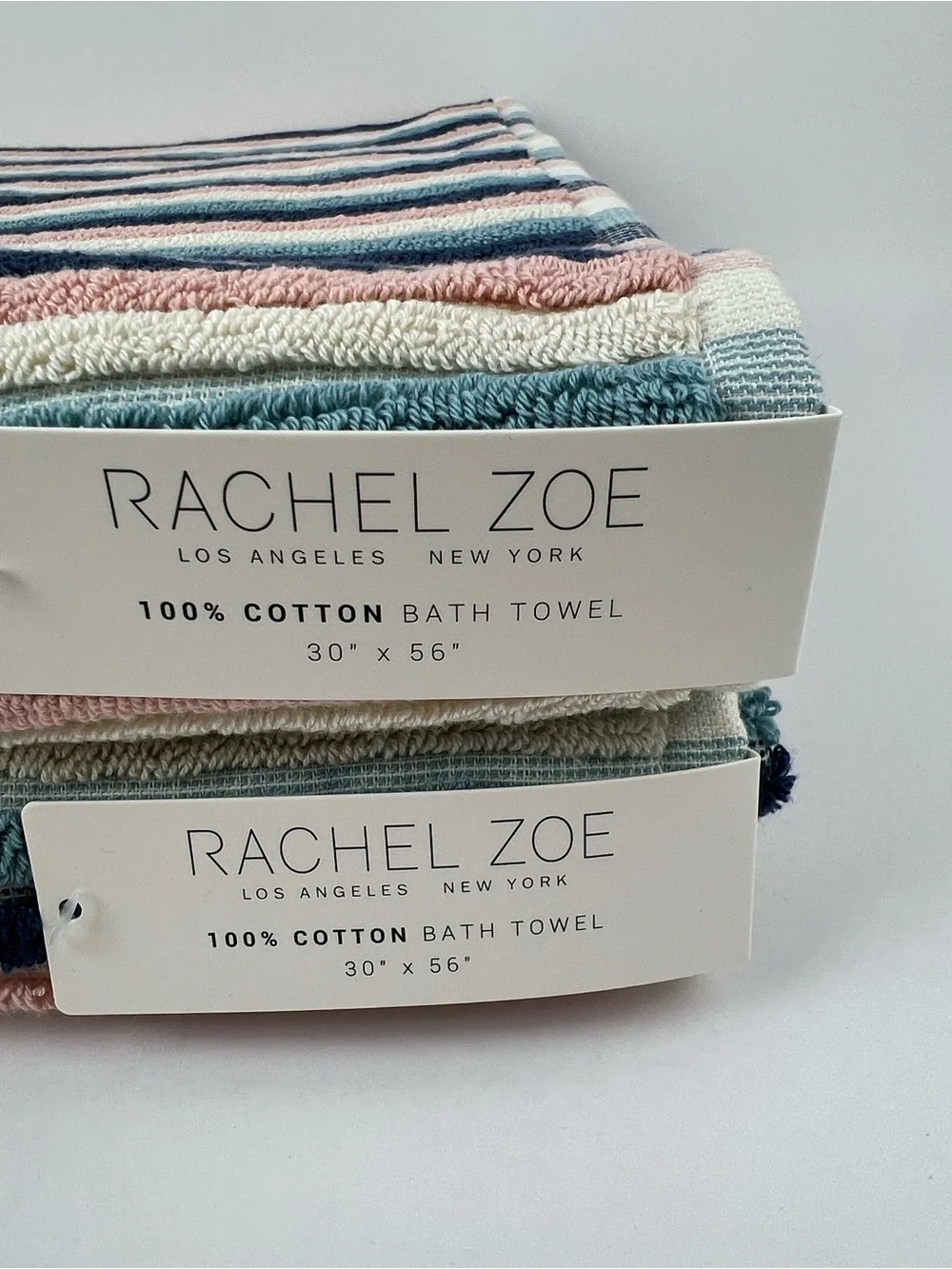 Rachel Zoe Bath Towel Set Striped Pink Navy Cream Soft 100% Cotton 2 Pc NEW